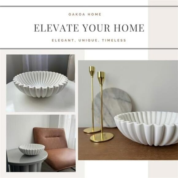 OAKOA White Concrete Decorative Bowl Fluted Scalloped Centerpiece Modern - Picture 5 of 7